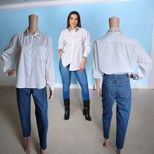 Alia Women's Paisley Grapevine Embroidery Pattern White Cotton Blend Shirt